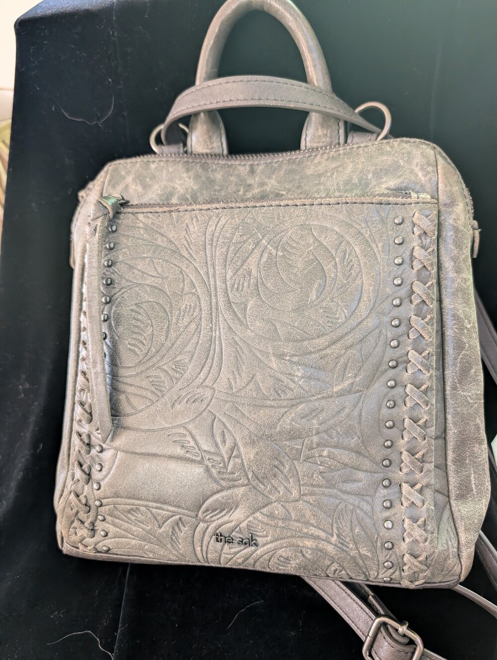 Rare The Sak Metallic Gray Floral Embossed Convertible Backpack